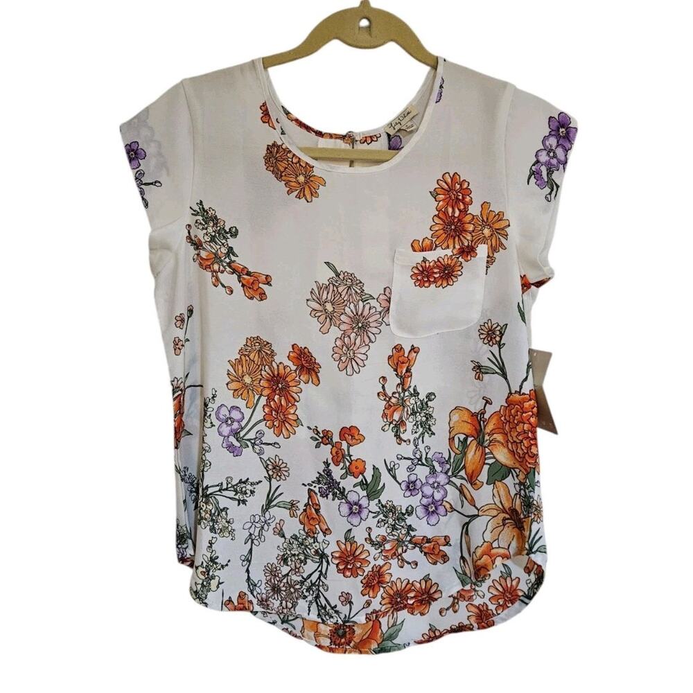 NWT Lily White Floral Top Size Cap Sleeve Front Pocket Multicolor Size Small